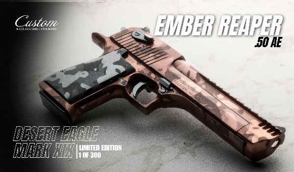 bronze and camo colored pistol on white backdrop with lettering overlay